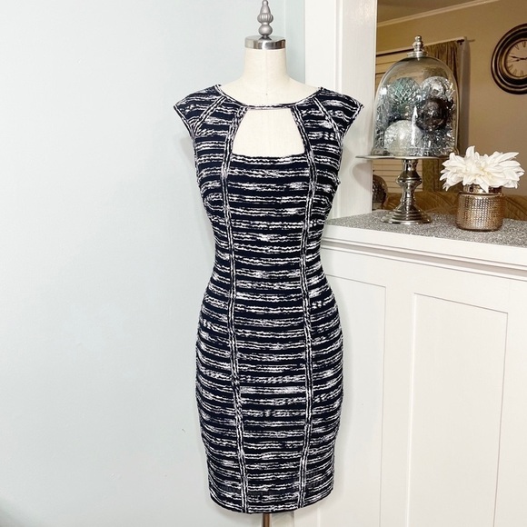 Cache Striped Cut Out Slimming Sheath Dress Black White XS 2 - Picture 2 of 9